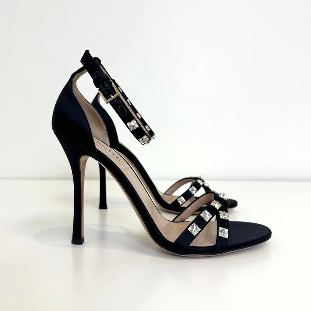 Valentino Garavani Black Satin Rockstud Glam Anke Strap Sandals 38 NEW Heels